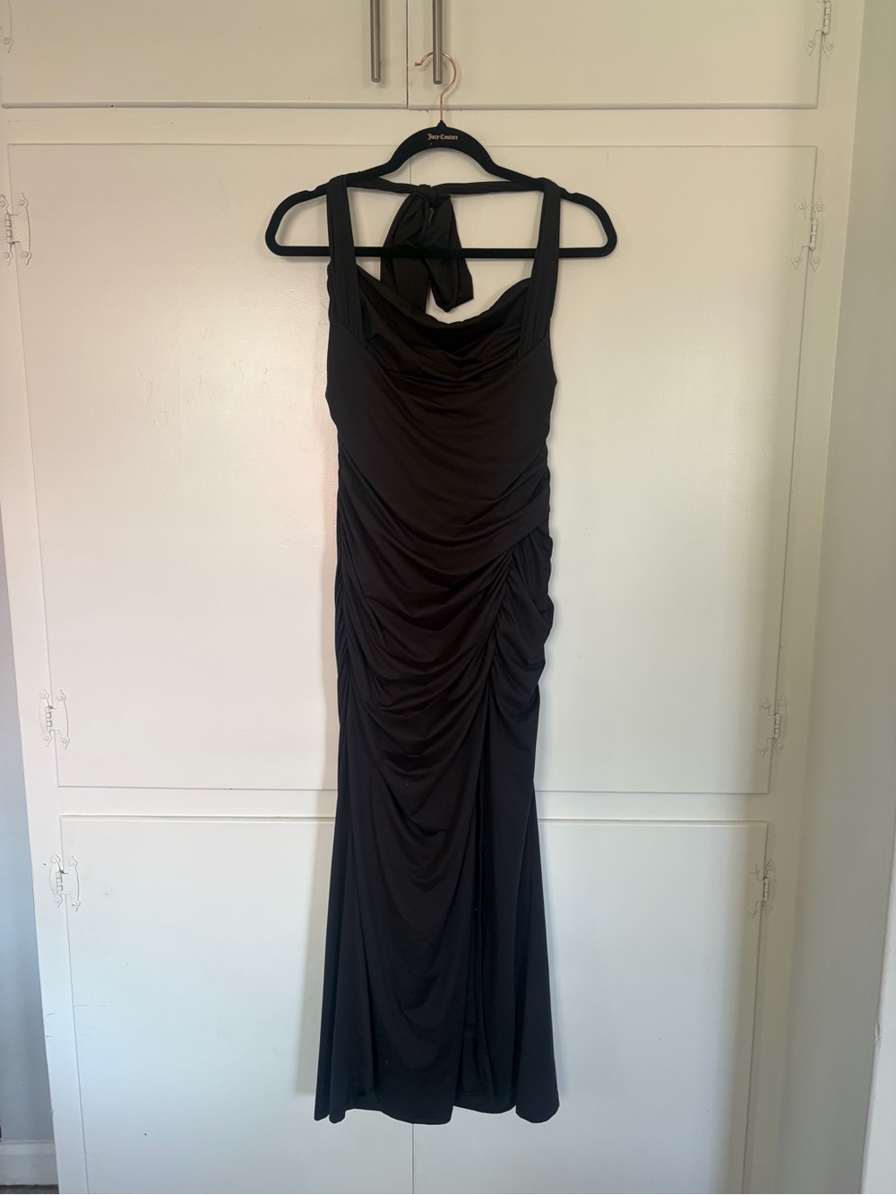 Elegant Black Ruched Maxi Dress with Halter Tie